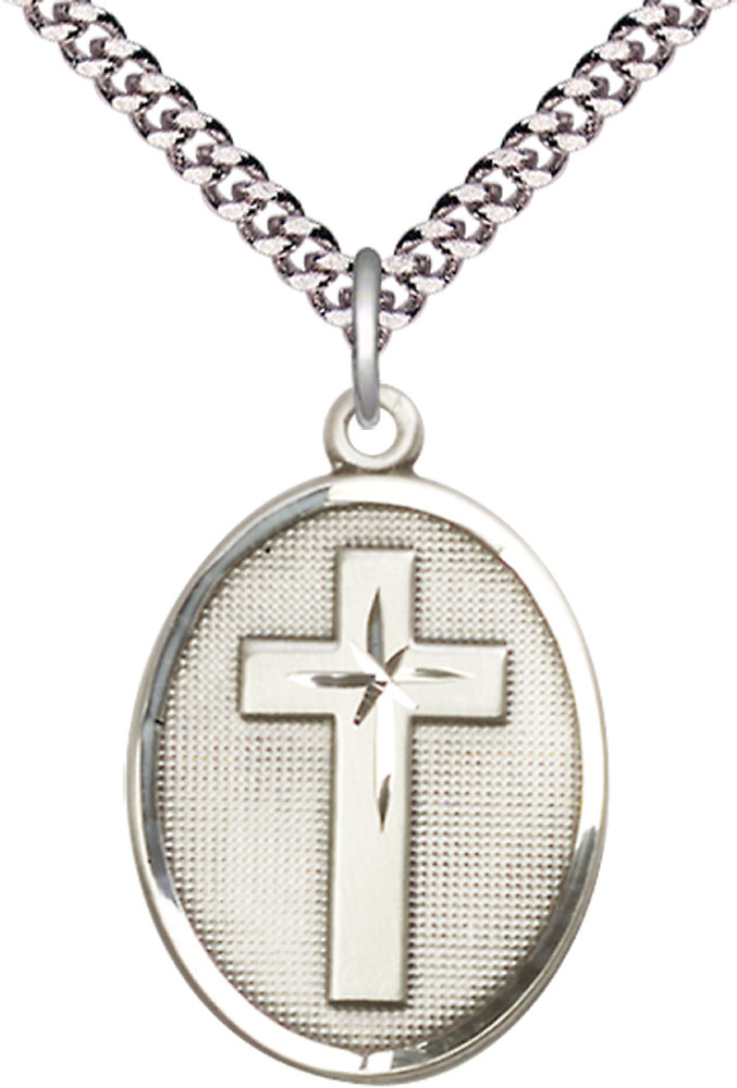 Sterling Silver Cross Pendant on a 24 inch Light Rhodium Heavy Curb chain