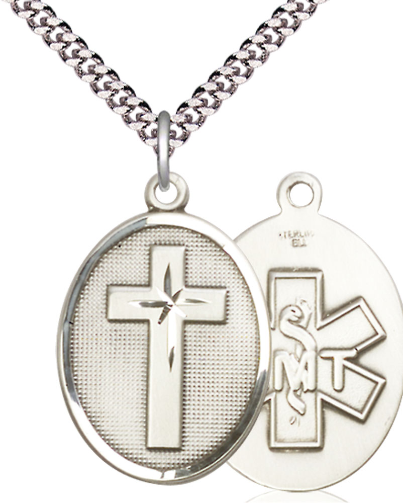 Sterling Silver Cross EMT Pendant on a 24 inch Light Rhodium Heavy Curb chain