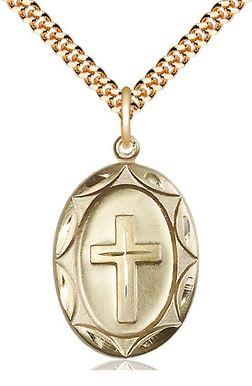 14kt Gold Filled Cross Pendant on a 24 inch Gold Plate Heavy Curb chain