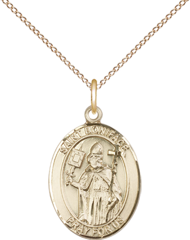 14kt Gold Filled Saint Boniface Pendant on a 18 inch Gold Filled Light Curb chain