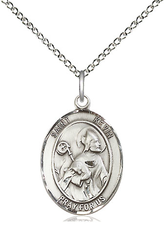 Sterling Silver Saint Kevin Pendant on a 18 inch Sterling Silver Light Curb chain