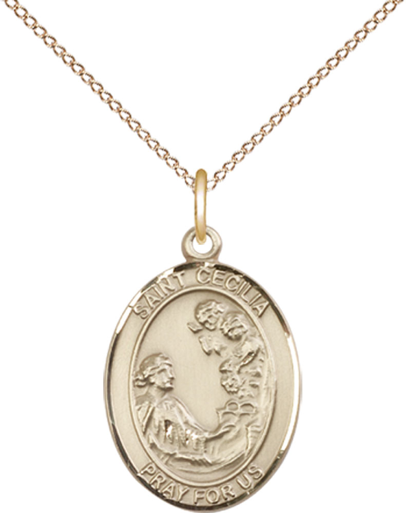14kt Gold Filled Saint Cecilia Pendant on a 18 inch Gold Filled Light Curb chain