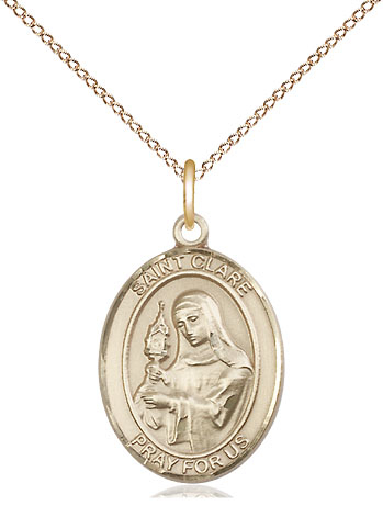 14kt Gold Filled Saint Clare of Assisi Pendant on a 18 inch Gold Filled Light Curb chain