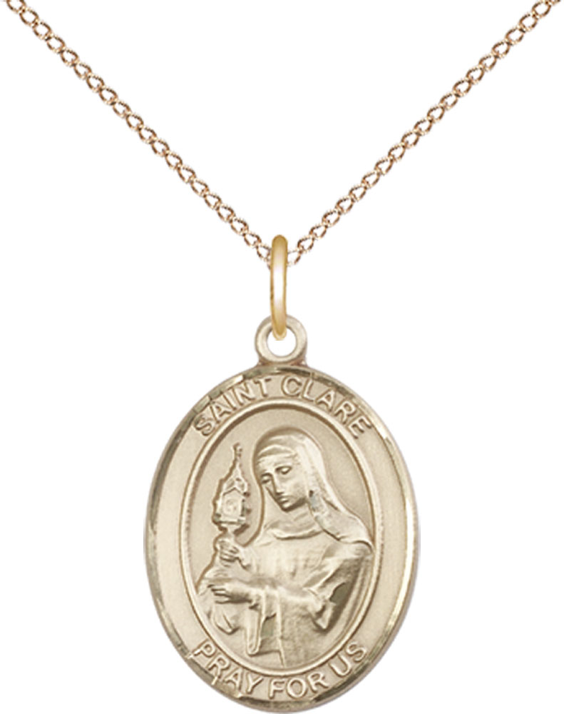 14kt Gold Filled Saint Clare of Assisi Pendant on a 18 inch Gold Filled Light Curb chain