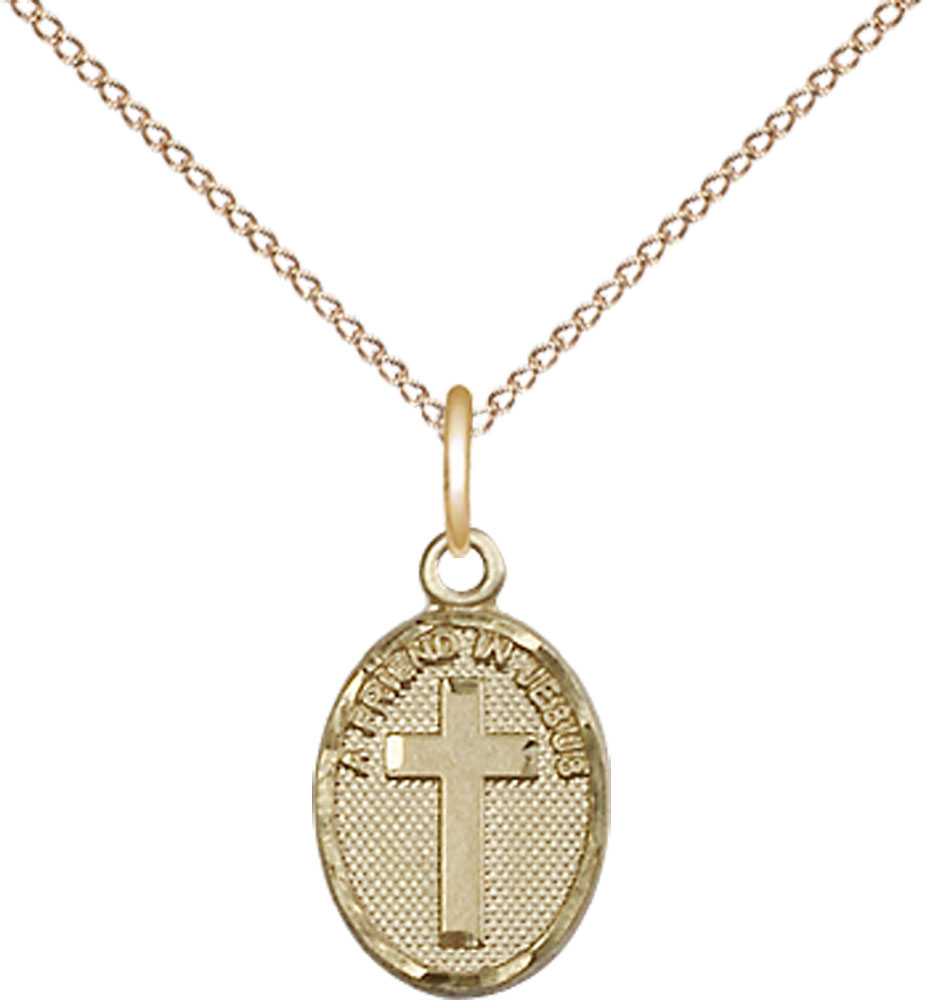 14kt Gold Filled Friend In Jesus Cross Pendant on a 18 inch Gold Filled Light Curb chain