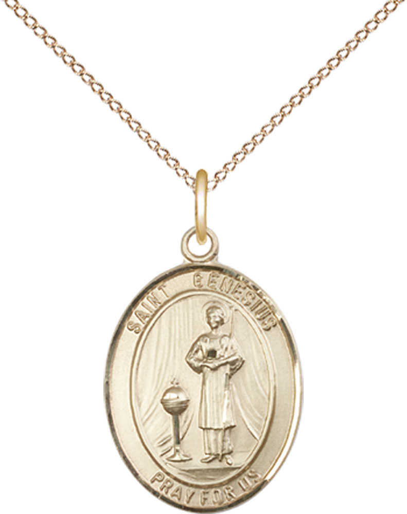 14kt Gold Filled Saint Genesius of Rome Pendant on a 18 inch Gold Filled Light Curb chain
