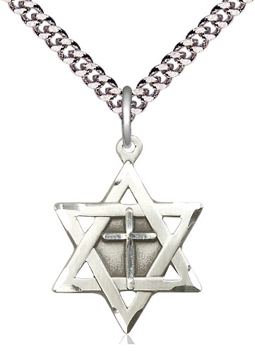 Sterling Silver Star of David w/ Cross Pendant on a 24 inch Light Rhodium Heavy Curb chain