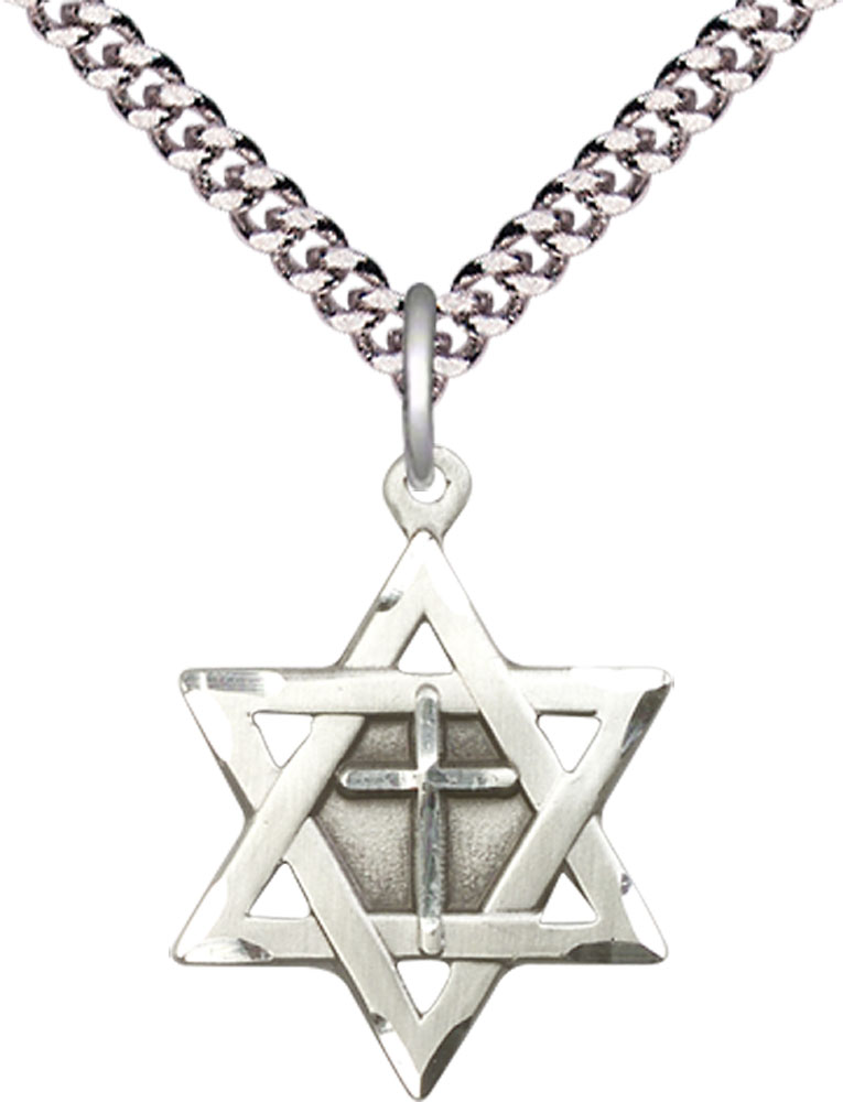 Sterling Silver Star of David w/ Cross Pendant on a 24 inch Light Rhodium Heavy Curb chain