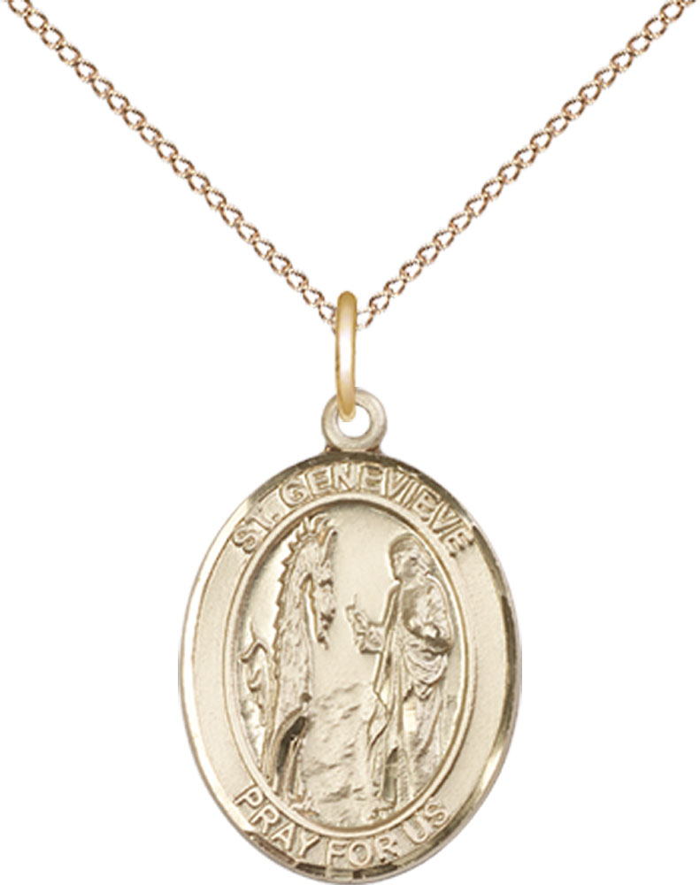14kt Gold Filled Saint Genevieve Pendant on a 18 inch Gold Filled Light Curb chain