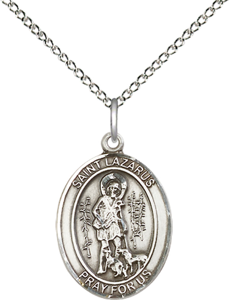 Sterling Silver Saint Lazarus Pendant on a 18 inch Sterling Silver Light Curb chain