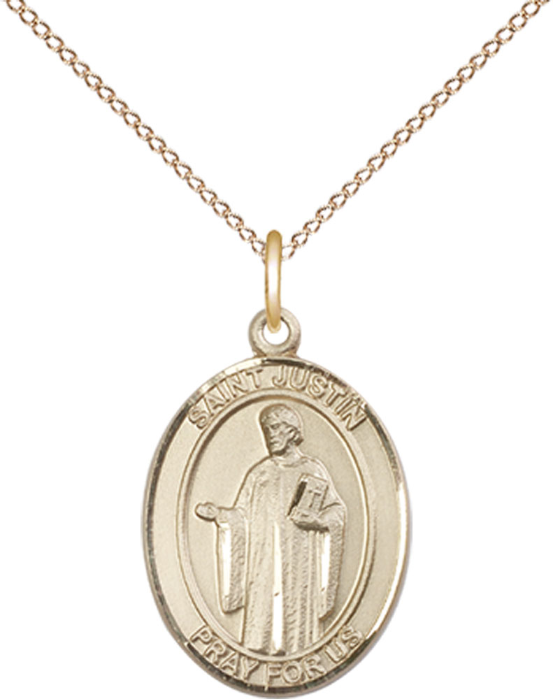 14kt Gold Filled Saint Justin Pendant on a 18 inch Gold Filled Light Curb chain