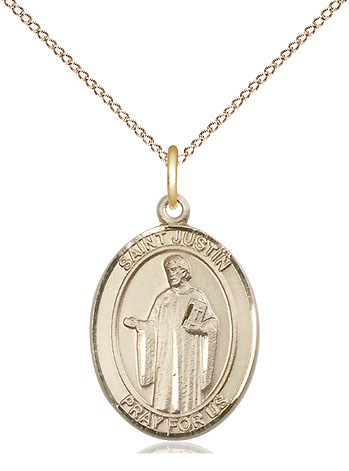 14kt Gold Filled Saint Justin Pendant on a 18 inch Gold Filled Light Curb chain