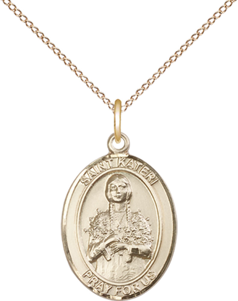 14kt Gold Filled Saint Kateri Pendant on a 18 inch Gold Filled Light Curb chain