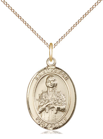 14kt Gold Filled Saint Kateri Pendant on a 18 inch Gold Filled Light Curb chain