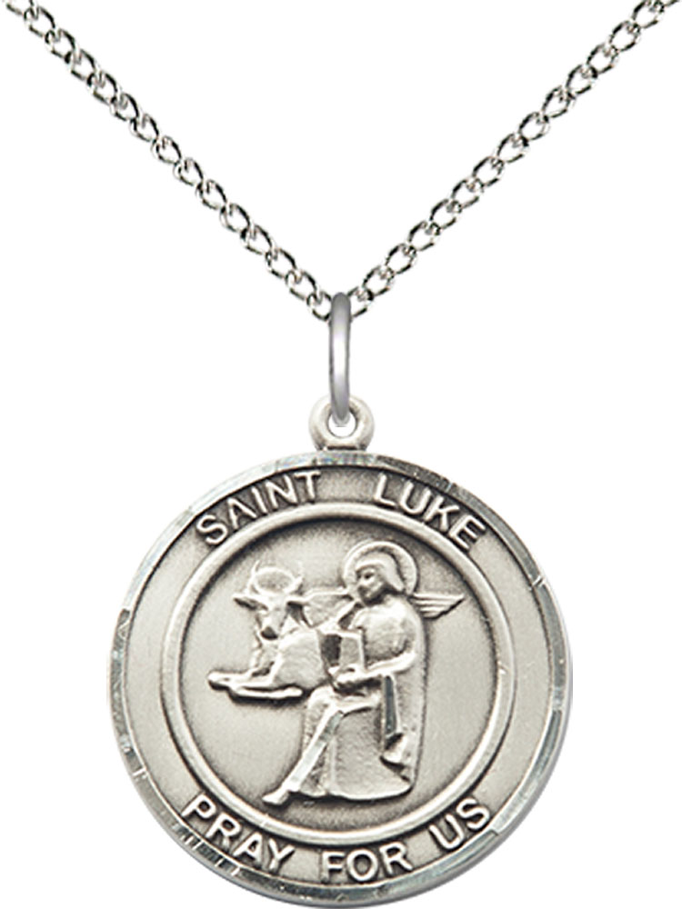 Sterling Silver Saint Luke the Apostle Pendant on a 18 inch Sterling Silver Light Curb chain