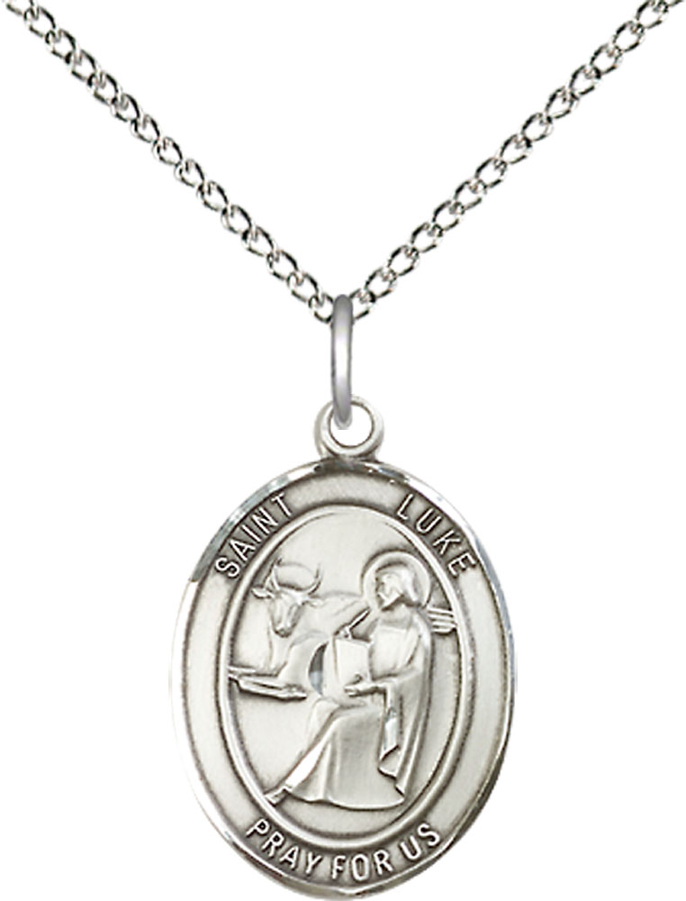 Sterling Silver Saint Luke the Apostle Pendant on a 18 inch Sterling Silver Light Curb chain