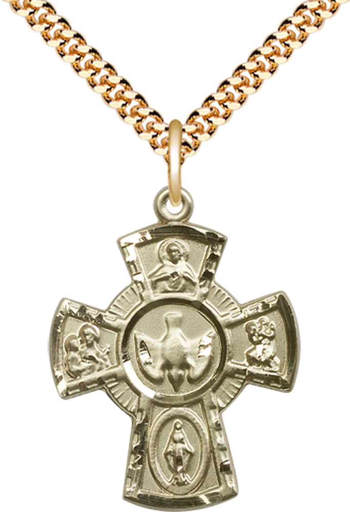 14kt Gold Filled 5-Way Pendant on a 24 inch Gold Plate Heavy Curb chain