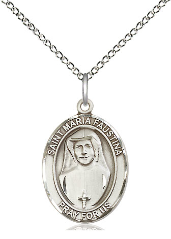 Sterling Silver Saint Maria Faustina Pendant on a 18 inch Sterling Silver Light Curb chain