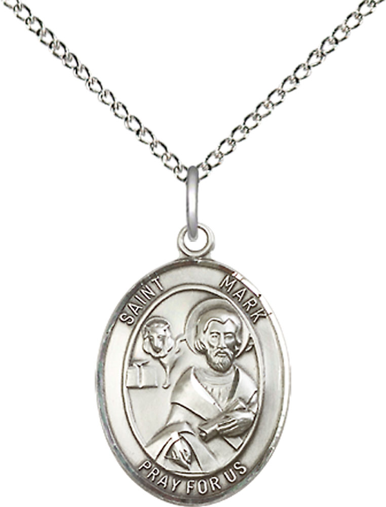 Sterling Silver Saint Mark the Evangelist Pendant on a 18 inch Sterling Silver Light Curb chain