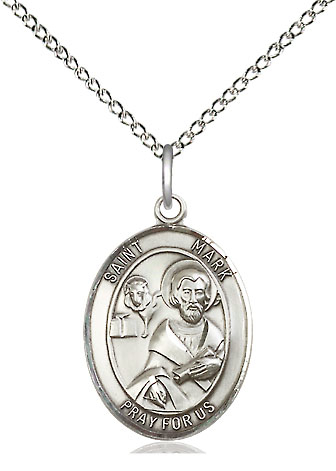 Sterling Silver Saint Mark the Evangelist Pendant on a 18 inch Sterling Silver Light Curb chain