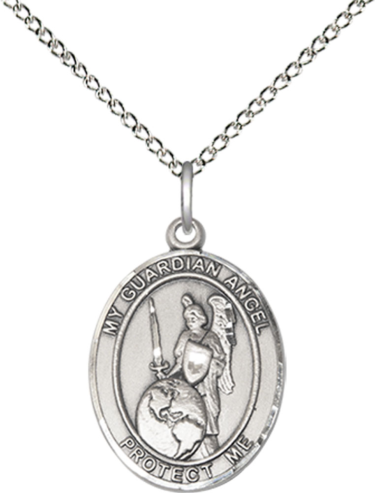 Sterling Silver Guardian Angel of the World Pendant on a 18 inch Sterling Silver Light Curb chain