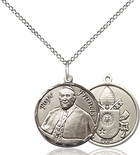 Sterling Silver Pope Francis Pendant on a 18 inch Sterling Silver Light Curb chain