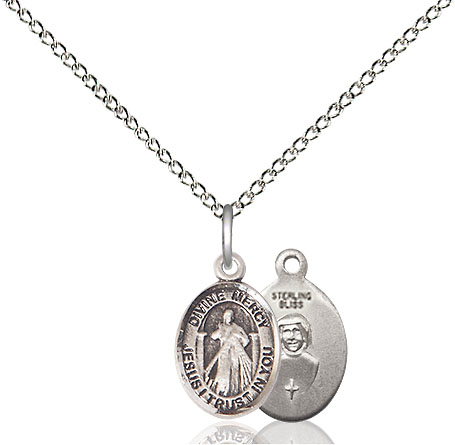 Sterling Silver Divine Mercy Pendant on a 18 inch Sterling Silver Light Curb chain