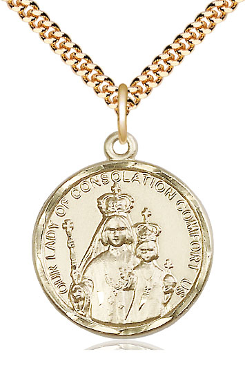 14kt Gold Filled Our Lady of Consolation Pendant on a 24 inch Gold Plate Heavy Curb chain