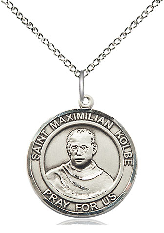 Sterling Silver Saint Maximilian Kolbe Pendant on a 18 inch Sterling Silver Light Curb chain