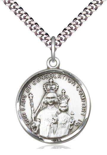 Sterling Silver Our Lady of Consolation Pendant on a 24 inch Light Rhodium Heavy Curb chain