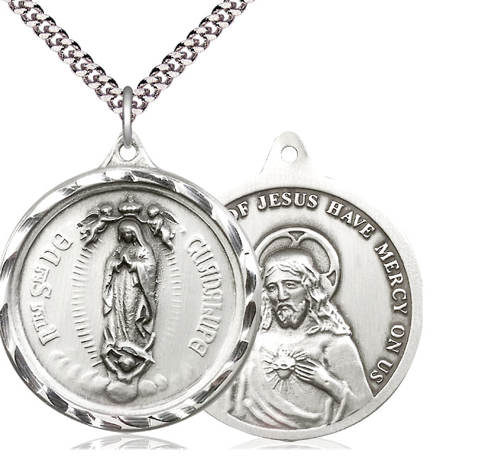 Sterling Silver Our Lady of Guadalupe Pendant on a 24 inch Light Rhodium Heavy Curb chain