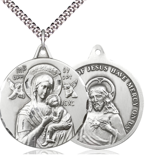 Sterling Silver Our Lady of Perpetual Help Pendant on a 24 inch Light Rhodium Heavy Curb chain