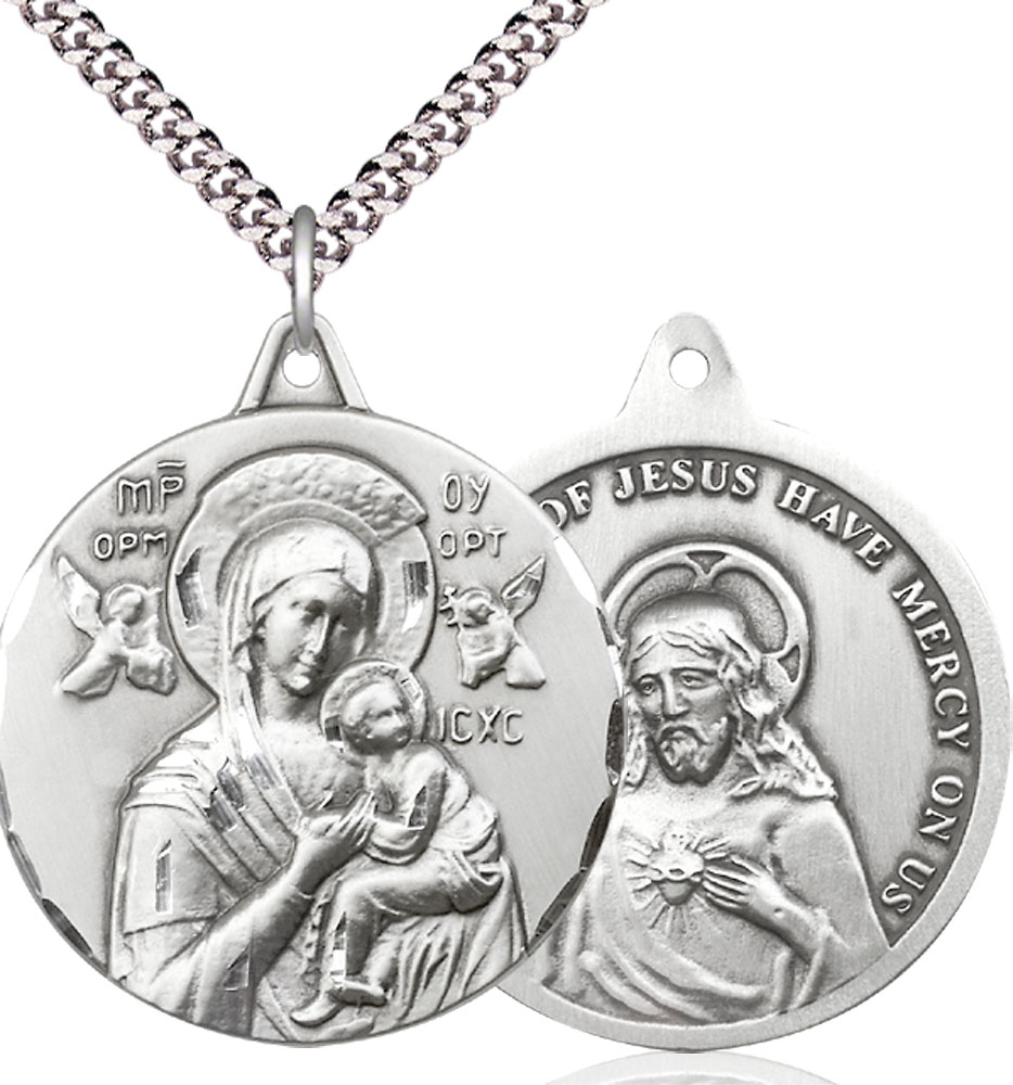 Sterling Silver Our Lady of Perpetual Help Pendant on a 24 inch Light Rhodium Heavy Curb chain