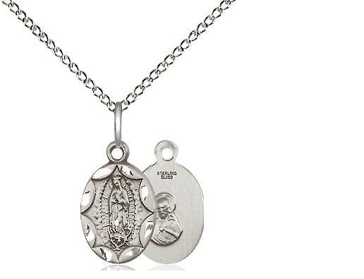 Sterling Silver Our Lady of Guadalupe Pendant on a 18 inch Sterling Silver Light Curb chain