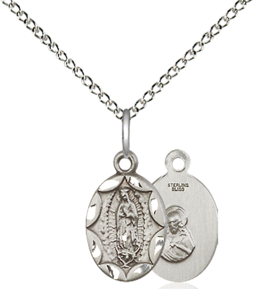 Sterling Silver Our Lady of Guadalupe Pendant on a 18 inch Sterling Silver Light Curb chain