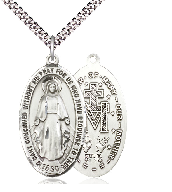 Sterling Silver Miraculous Pendant on a 24 inch Light Rhodium Heavy Curb chain