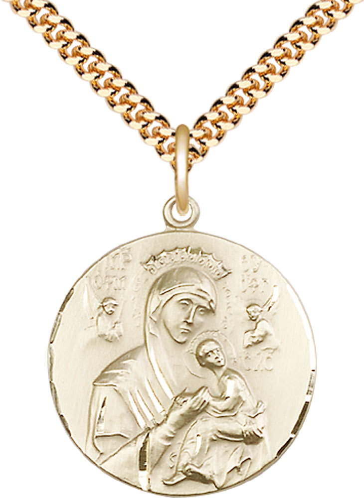 14kt Gold Filled Our Lady of Perpetual Help Pendant on a 24 inch Gold Plate Heavy Curb chain
