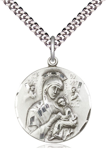 Sterling Silver Our Lady of Perpetual Help Pendant on a 24 inch Light Rhodium Heavy Curb chain