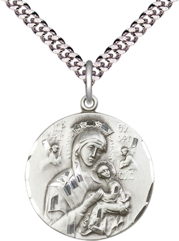 Sterling Silver Our Lady of Perpetual Help Pendant on a 24 inch Light Rhodium Heavy Curb chain