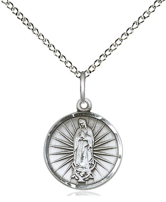 Sterling Silver Our Lady of Guadalupe Pendant on a 18 inch Sterling Silver Light Curb chain