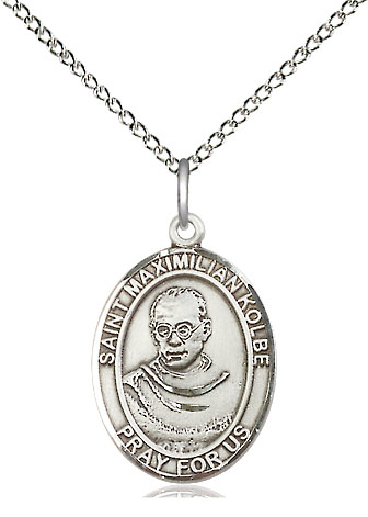 Sterling Silver Saint Maximilian Kolbe Pendant on a 18 inch Sterling Silver Light Curb chain