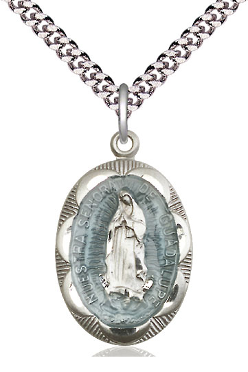 Sterling Silver Our Lady of Guadalupe Pendant on a 24 inch Light Rhodium Heavy Curb chain