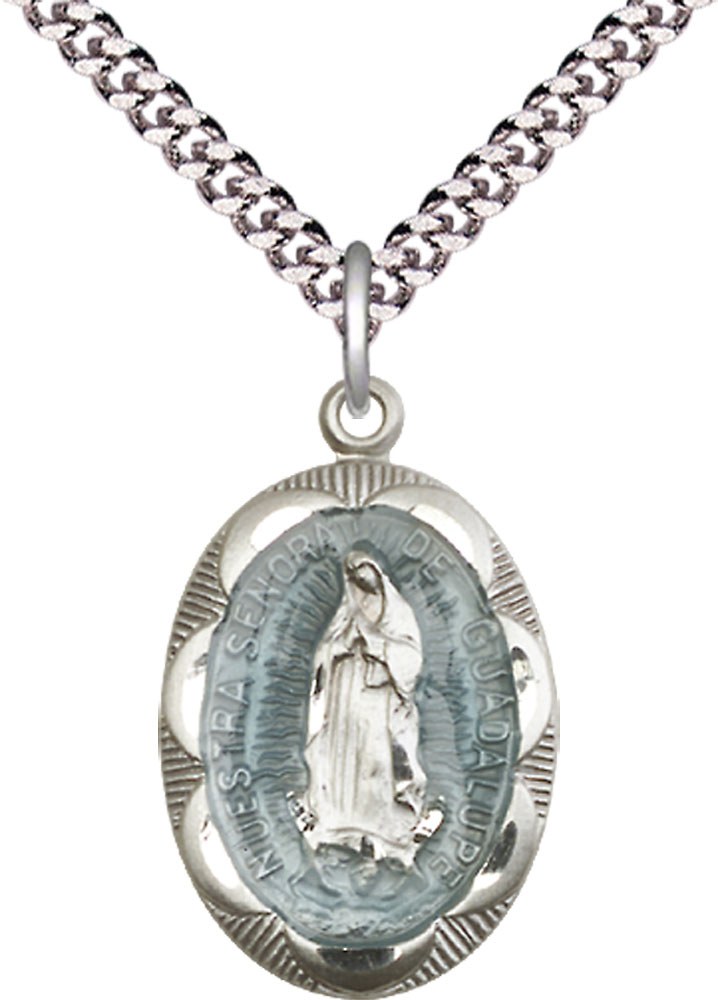 Sterling Silver Our Lady of Guadalupe Pendant on a 24 inch Light Rhodium Heavy Curb chain
