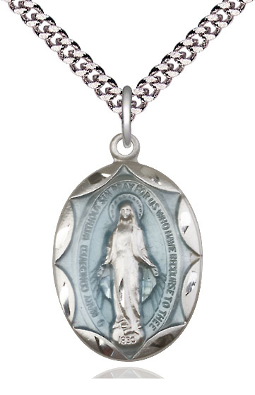 Sterling Silver Miraculous Pendant on a 24 inch Light Rhodium Heavy Curb chain