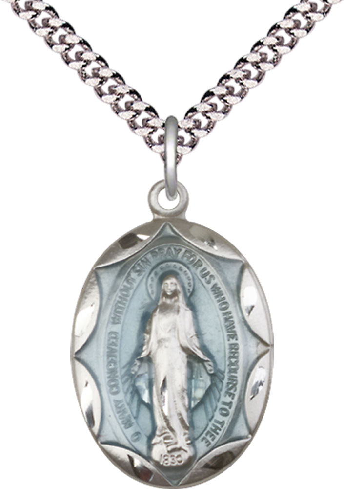 Sterling Silver Miraculous Pendant on a 24 inch Light Rhodium Heavy Curb chain