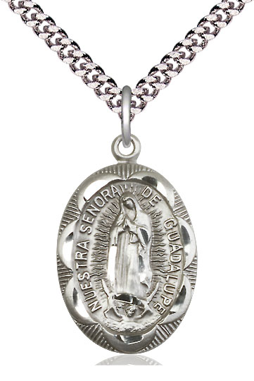 Sterling Silver Our Lady of Guadalupe Pendant on a 24 inch Light Rhodium Heavy Curb chain