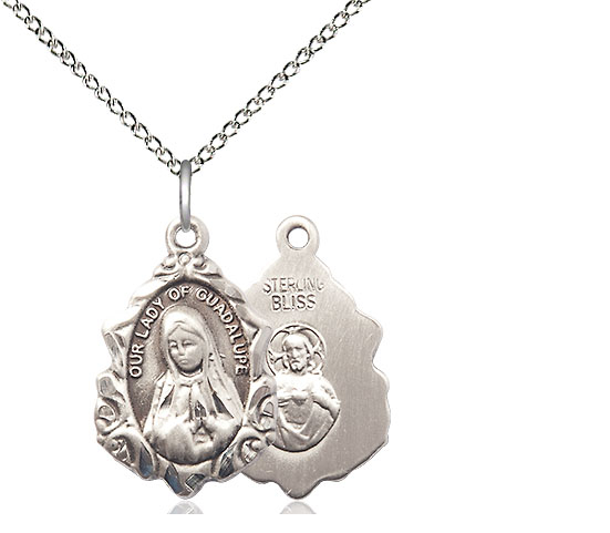 Sterling Silver Our Lady of Guadalupe Pendant on a 18 inch Sterling Silver Light Curb chain