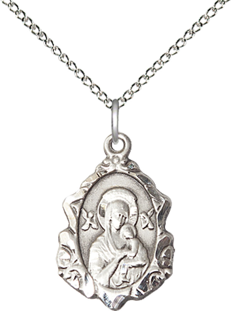 Sterling Silver Our Lady of Perpetual Help Pendant on a 18 inch Sterling Silver Light Curb chain