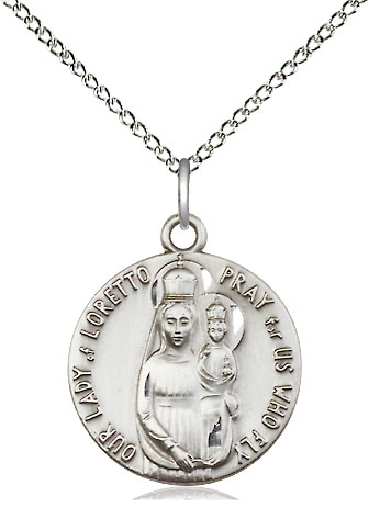 Sterling Silver Our Lady of Loretto Pendant on a 18 inch Sterling Silver Light Curb chain