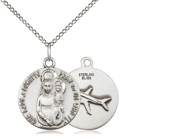 Sterling Silver Our Lady of Loretto Pendant on a 18 inch Sterling Silver Light Curb chain